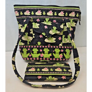 Quilted Cotton Frog Purse Handbag Tote Black Green Pink W/Matching Wallet